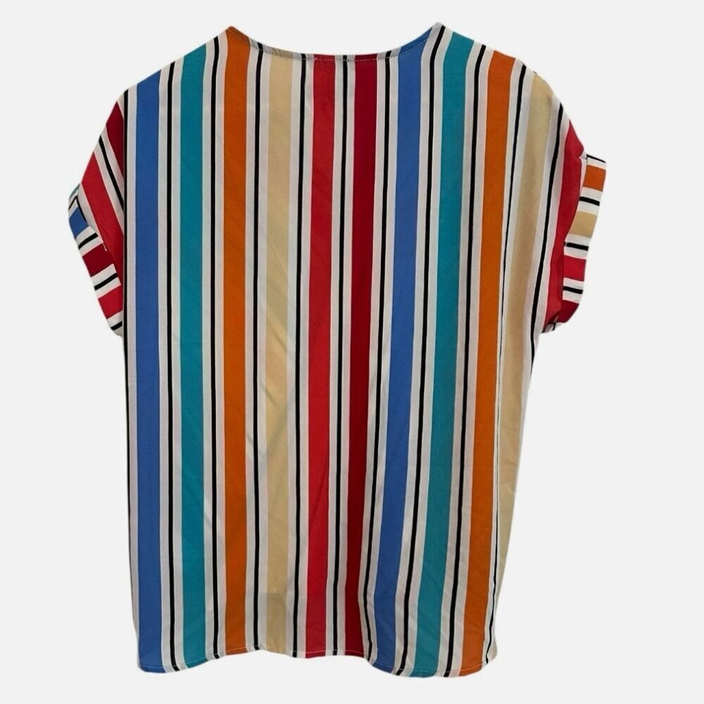 Womens Small Colorful Striped Rainbow Cap Sleeve Faux Wrap Rolled Hem Casual Top - Picture 4 of 4
